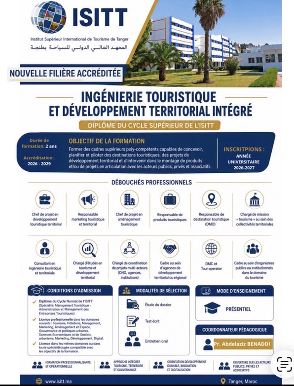 L’ISITT lance une nouvelle filière en « Ingénierie Touristique et Développement Territorial Intégré » L’ISITT lance une nouvelle filière en « Ingénierie Touristique et Développement Territorial Intégré »